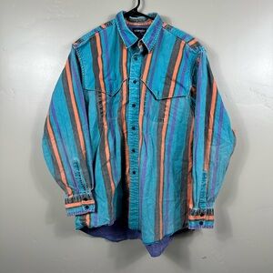 Vintage Wrangler Brushpopper Striped Teal Orange Button Up Shirt Size XL